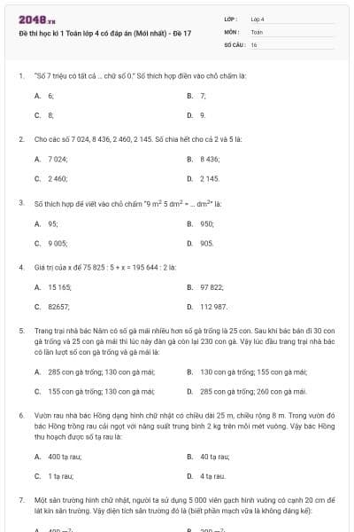 Đề thi học kì 1 Toán lớp 4 có đáp án  (Mới nhất) - Đề 17