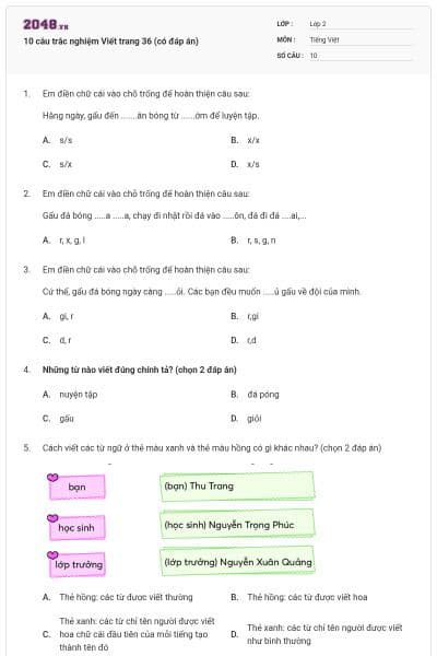 10 câu trắc nghiệm Viết trang 36 (có đáp án)