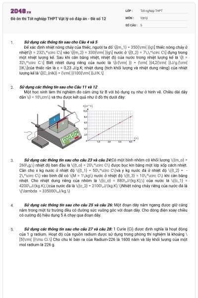 Đề ôn thi Tốt nghiệp THPT Vật lý có đáp án - Đề số 12