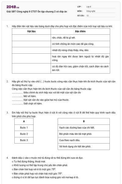 Giải SBT Công nghệ 8 CTST Ôn tập chương 2 có đáp án