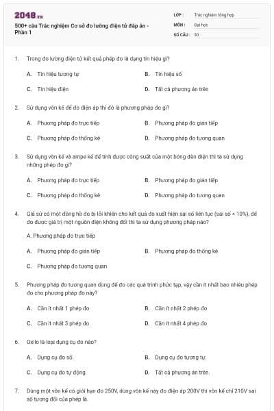 500+ câu Trắc nghiệm Cơ sở đo lường điện tử đáp án - Phần 1