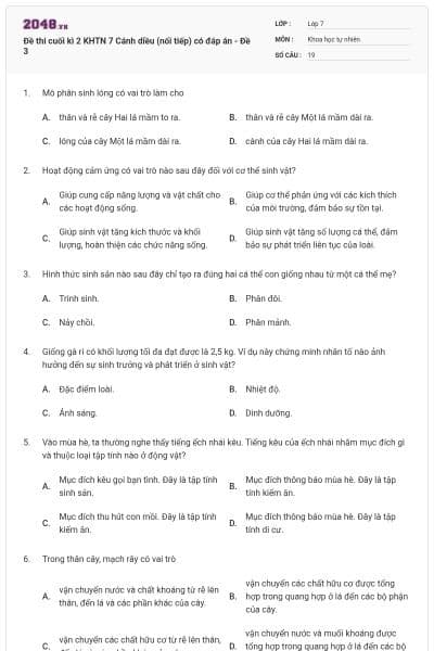 Đề thi cuối kì 2 KHTN 7 Cánh diều (nối tiếp) có đáp án - Đề 3