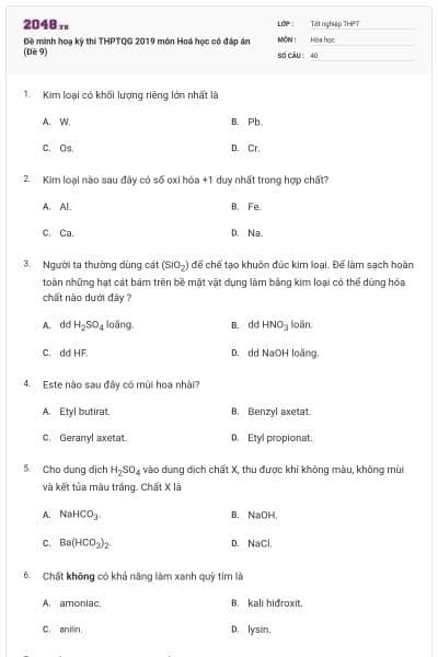 Đề minh hoạ kỳ thi THPTQG 2019 môn Hoá học có đáp án (Đề 9)
