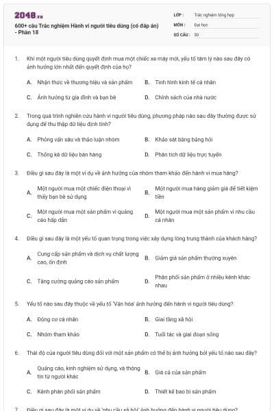 600+ câu Trắc nghiệm Hành vi người tiêu dùng (có đáp án) - Phần 18