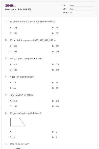 Đề thi học kì I Toán 3 (Đề 20)