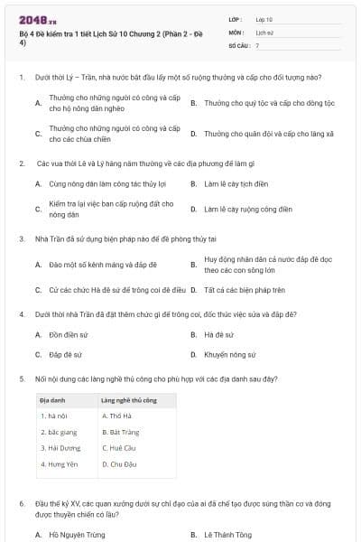 Bộ 4  Đề kiểm tra 1 tiết Lịch Sử 10 Chương 2 (Phần 2 - Đề 4)