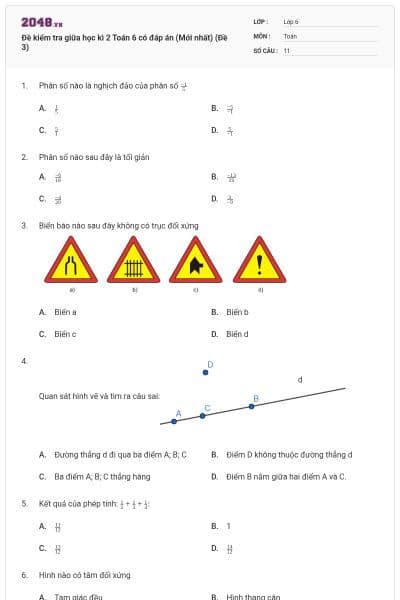 Đề kiểm tra giữa học kì 2 Toán 6 có đáp án (Mới nhất) (Đề 3)