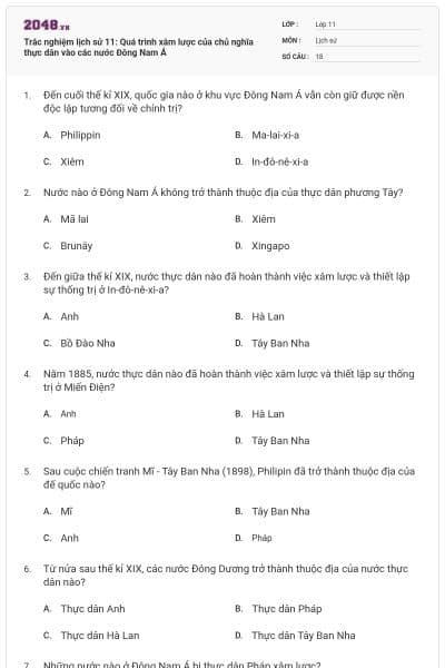 Trắc nghiệm lịch sử 11: Quá trình xâm lược của chủ nghĩa thực dân vào các nước Đông Nam Á
