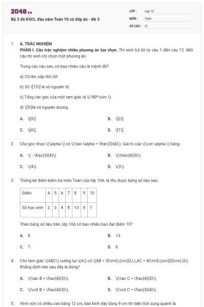 Bộ 3 đề KSCL đầu năm Toán 10 có đáp án - Đề 3