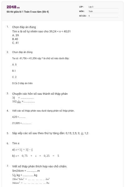 Đề thi giữa kì 1 Toán 5 sưu tầm (Đề 4)