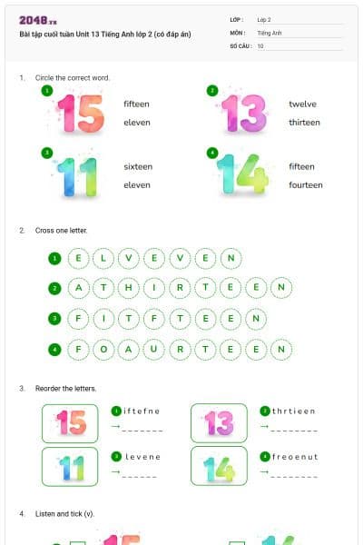 Bài tập cuối tuần Unit 13 Tiếng Anh lớp 2 (có đáp án)