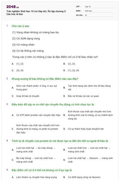 Trắc nghiệm Sinh Học 10 (có đáp án): Ôn tập chương 2: Cấu trúc tế bào