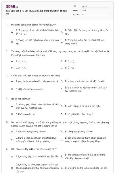 Giải SBT Vật lí 10 Bài 11. Một số lực trong thực tiễn có đáp án