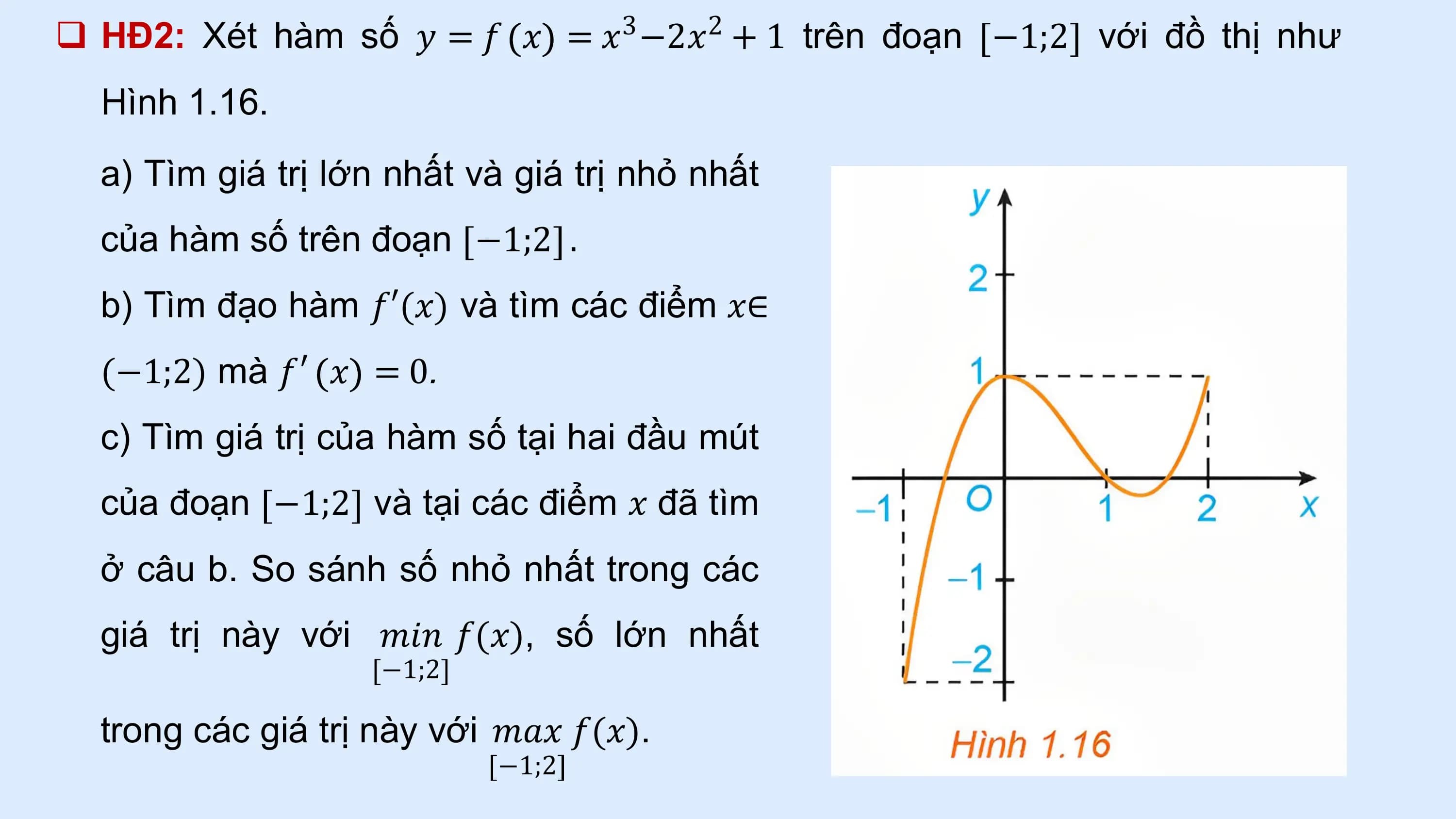 q HĐ2: Xét hàm số 𝑦 = 𝑓 𝑥 = 𝑥3 −2𝑥2 + 1 trên đoạn −1;2 với đồ thị như
 Hình 1.16.
 a) Tìm giá trị lớn nhất và giá trị nhỏ nhất
 của hàm số trên đoạn −1;2 .
 b) Tìm đạo hàm 𝑓′(𝑥) và tìm các điểm 𝑥∈
 (−1;2) mà 𝑓′ 𝑥 = 0.
 c) Tìm giá trị của hàm số tại hai đầu mút
 của đoạn −1;2 và tại các điểm 𝑥 đã tìm
 ở câu b. So sánh số nhỏ nhất trong các
 giá trị này với 𝑚𝑖𝑛 𝑓(𝑥), số lớn nhất
 −1;2

 trong các giá trị này với 𝑚𝑎𝑥 𝑓(𝑥).
 −1;2