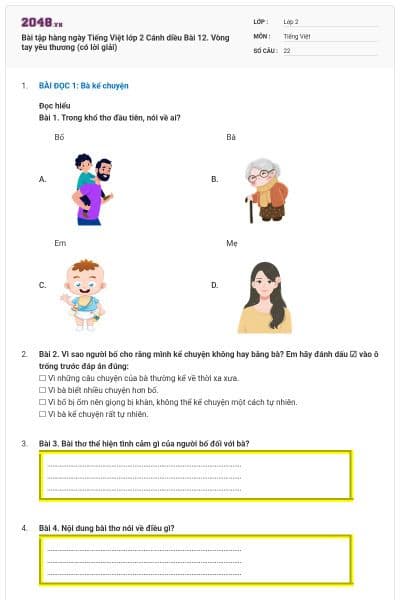 Bài tập hàng ngày Tiếng Việt lớp 2 Cánh diều Bài 12. Vòng tay yêu thương (có lời giải)