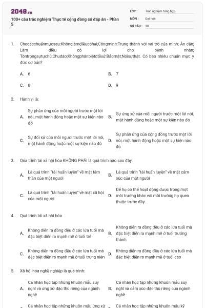 100+ câu trắc nghiệm Thực tế cộng đồng có đáp án - Phần 5