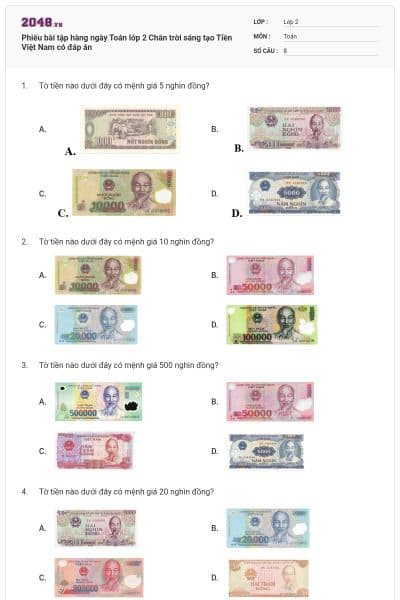 Phiếu bài tập hàng ngày Toán lớp 2 Chân trời sáng tạo Tiền Việt Nam có đáp án