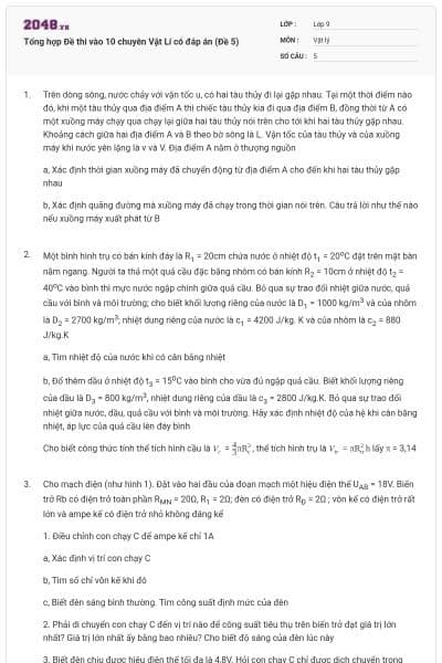 Tổng hợp Đề thi vào 10 chuyên Vật Lí có đáp án (Đề 5)