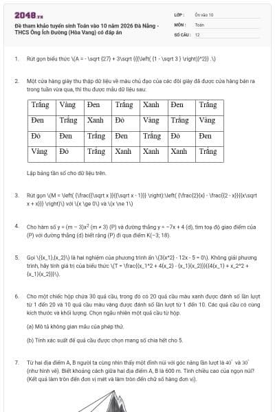 Đề tham khảo tuyển sinh Toán vào 10 năm 2026 Đà Nẵng - THCS Ông Ích Đường (Hòa Vang) có đáp án