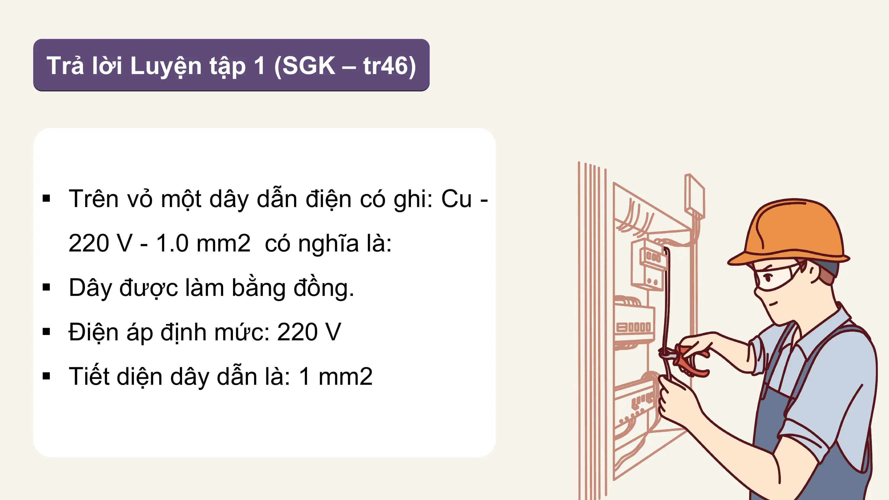 Trả lời Luyện tập 1 (SGK – tr46)

§ Trên vỏ một dây dẫn điện có ghi: Cu -
 220 V - 1.0 mm2 có nghĩa là:
§ Dây được làm bằng đồng.
§ Điện áp định mức: 220 V
§ Tiết diện dây dẫn là: 1 mm2