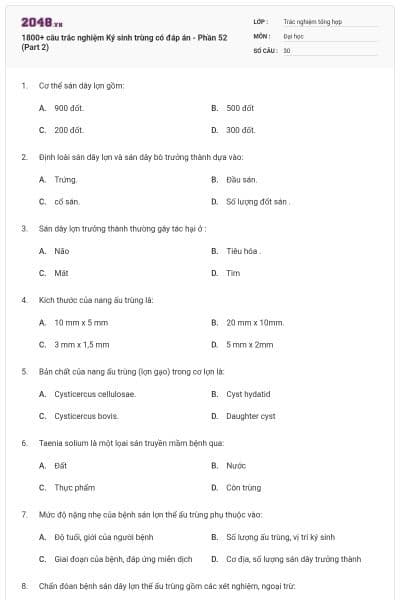 1800+ câu trắc nghiệm Ký sinh trùng có đáp án - Phần 52 (Part 2)