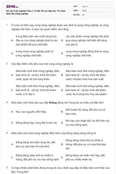 66 câu Trắc nghiệm Địa Lí 12 Bài 25 (có đáp án): Tổ chức lãnh thổ nông nghiệp