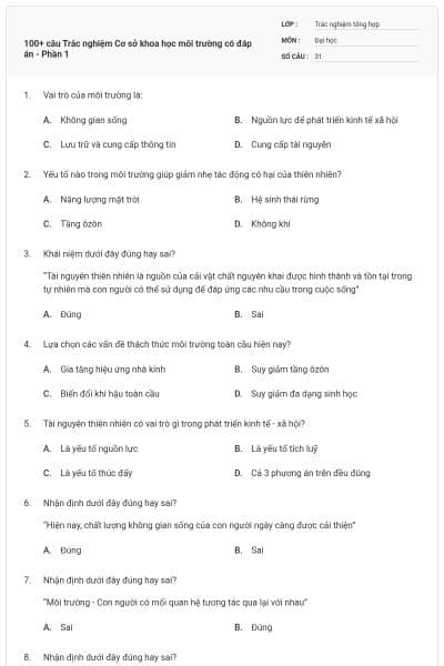 100+ câu Trắc nghiệm Cơ sở khoa học môi trường có đáp án - Phần 1