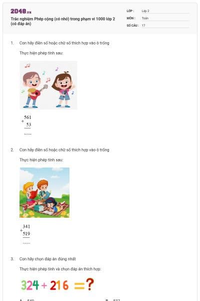 Trắc nghiệm Phép cộng (có nhớ) trong phạm vi 1000 lớp 2 (có đáp án)