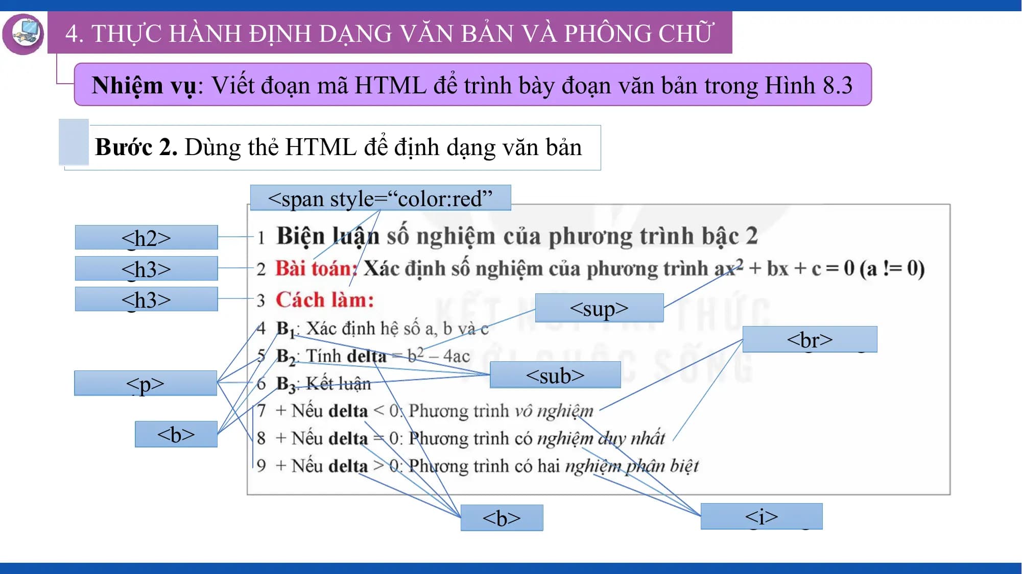 4. THỰC HÀNH ĐỊNH DẠNG VĂN BẢN VÀ PHÔNG CHỮ

 Nhiệm vụ: Viết đoạn mã HTML để trình bày đoạn văn bản trong Hình 8.3

 Bước 2. Dùng thẻ HTML để định dạng văn bản
 <span style=“color:red”
 Màu đỏ
 Dòng tiêu đề
 <h2>
 Dòng tiêu đề
 <h3>
 Dòng tiêu đề
 <h3> <sup>
 Chỉ số trên
 <br>dòng
 Xuống
 <p>văn
 Đoạn Chỉ<sub>
 số dưới

 In<b>
 đậm

 In<b>
 đậm <i>
 In nghiêng