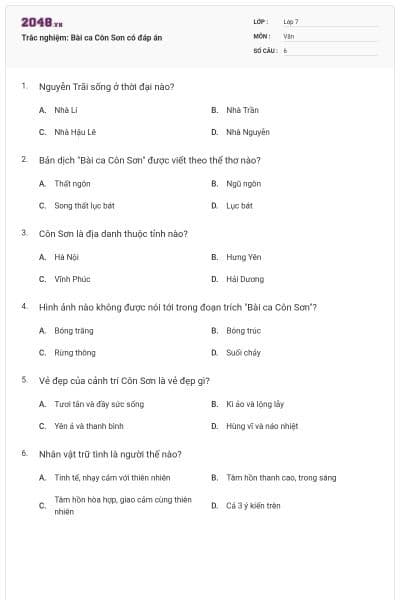 Trắc nghiệm: Bài ca Côn Sơn có đáp án