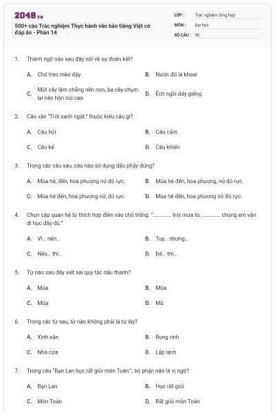 500+ câu Trắc nghiệm Thực hành văn bản tiếng Việt có đáp án - Phần 14