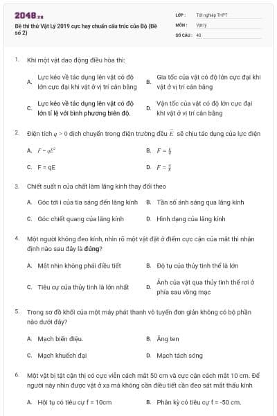 Đề thi thử Vật Lý 2019 cực hay chuẩn cấu trúc của Bộ (Đề số 2)