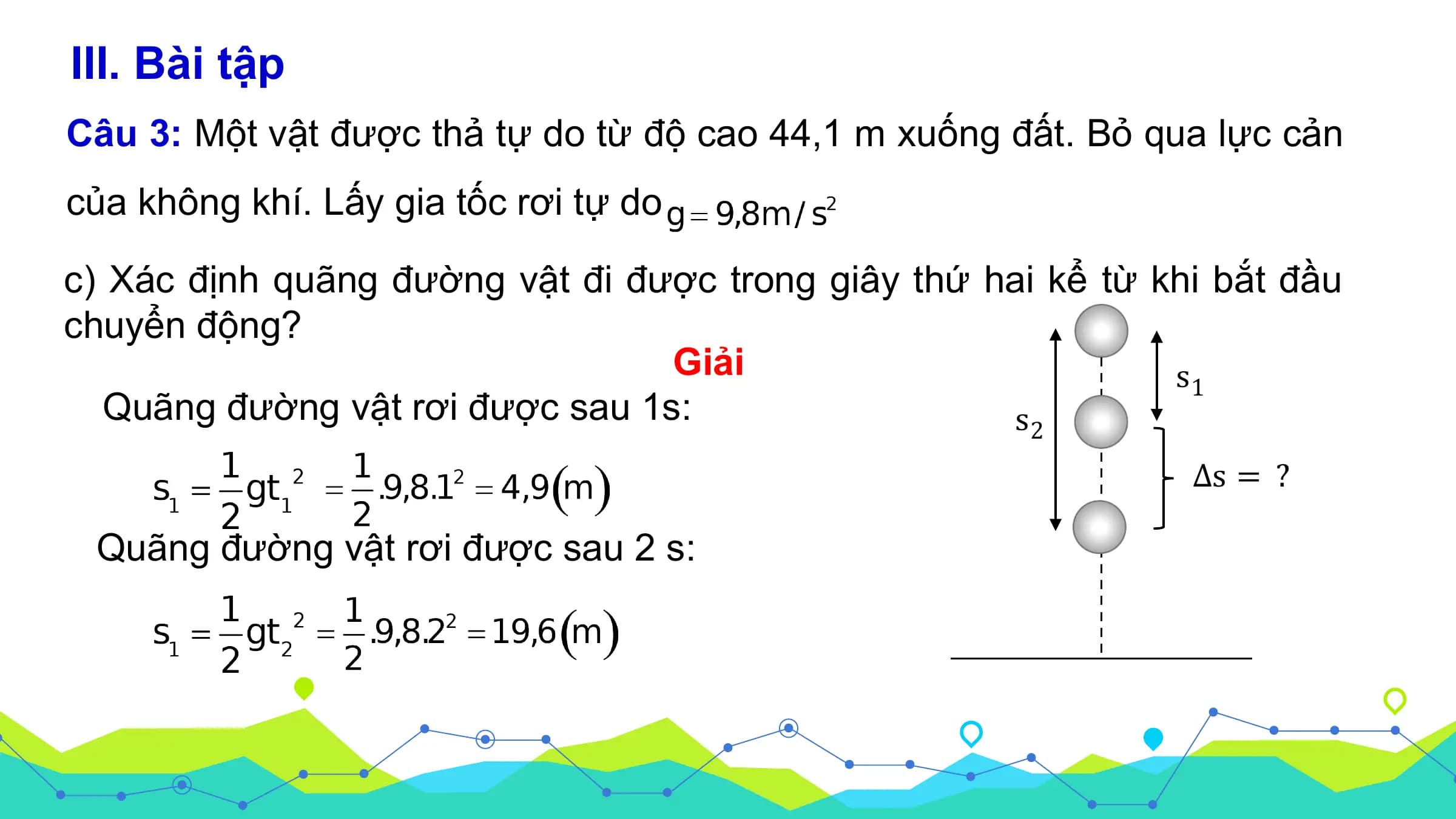 III. Bài tập
Câu 3: Một vật được thả tự do từ độ cao 44,1 m xuống đất. Bỏ qua lực cản
của không khí. Lấy gia tốc rơi tự do

c) Xác định quãng đường vật đi được trong giây thứ hai kể từ khi bắt đầu
chuyển động?
 Giải s1
 Quãng đường vật rơi được sau 1s: s2
 ∆s = ?

 Quãng đường vật rơi được sau 2 s: