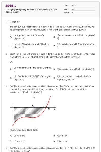 Trắc nghiệm Ứng dụng hình học của tích phân lớp 12 (có đáp án - phần 1)