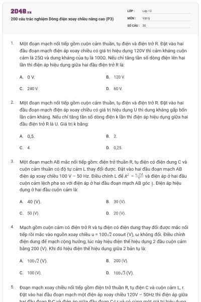 200 câu trắc nghiệm Dòng điện xoay chiều nâng cao (P3)