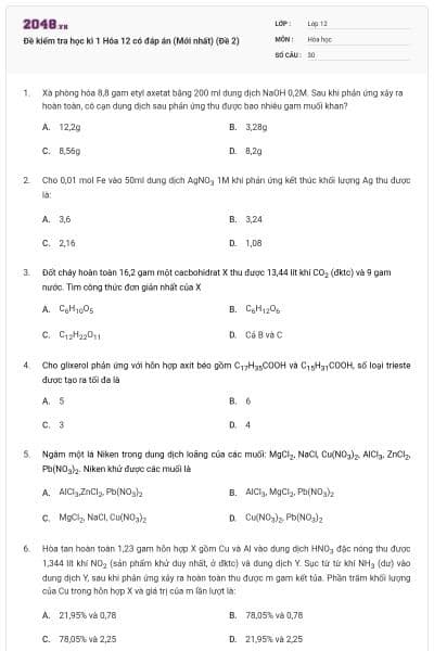 Đề kiểm tra học kì 1 Hóa 12 có đáp án (Mới nhất) (Đề 2)