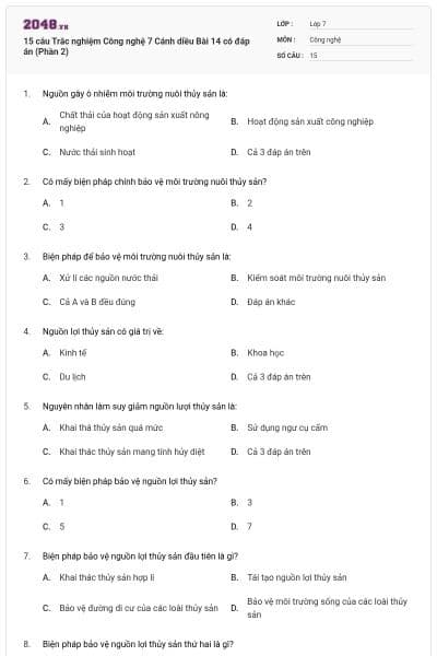 15 câu Trắc nghiệm Công nghệ 7 Cánh diều Bài 14 có đáp án (Phần 2)