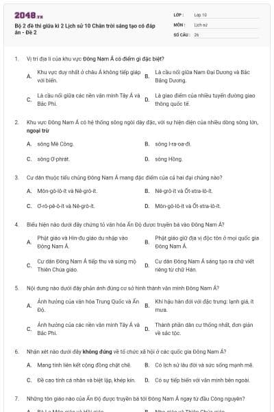 Bộ 2 đề thi giữa kì 2 Lịch sử 10 Chân trời sáng tạo có đáp án - Đề 2