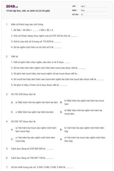 10 bài tập Đọc, viết, so sánh số (có lời giải)