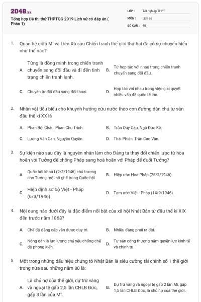 Tổng hợp Đề thi thử THPTQG 2019 Lịch sử có đáp án ( Phần 1)
