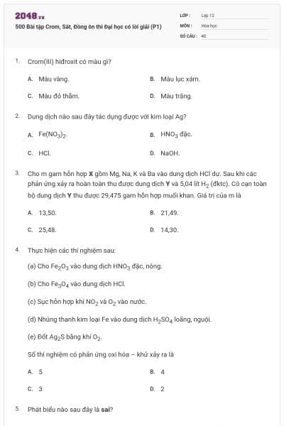 500 Bài tập Crom, Sắt, Đồng ôn thi Đại học có lời giải (P1)