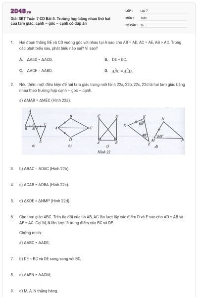 Giải SBT Toán 7 CD Bài 5. Trường hợp bằng nhau thứ hai của tam giác: cạnh – góc – cạnh có đáp án