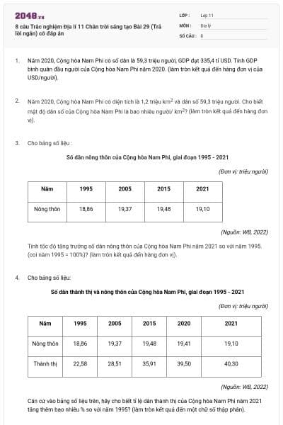 8 câu Trắc nghiệm Địa lí 11 Chân trời sáng tạo Bài 29 (Trả lời ngắn) có đáp án