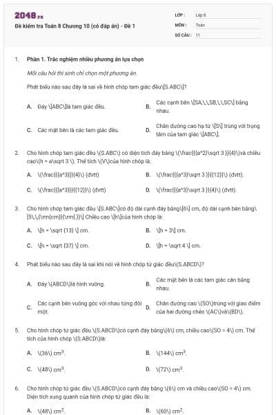 Đề kiểm tra Toán 8 Chương 10 (có đáp án) - Đề 1
