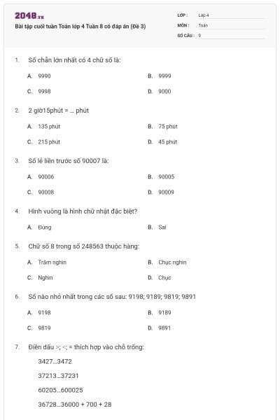 Bài tập cuối tuần Toán lớp 4 Tuần 8 có đáp án (Đề 3)