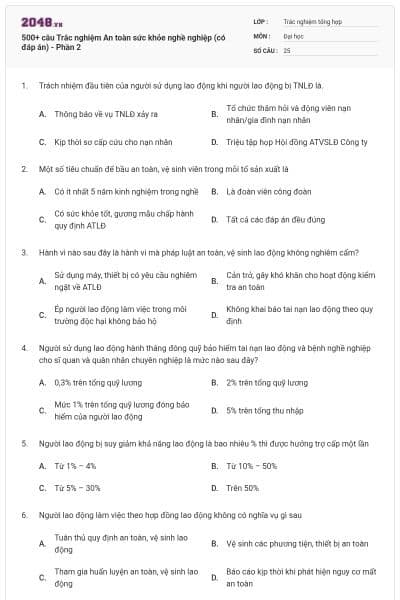 500+ câu Trắc nghiệm An toàn sức khỏe nghề nghiệp (có đáp án) - Phần 2