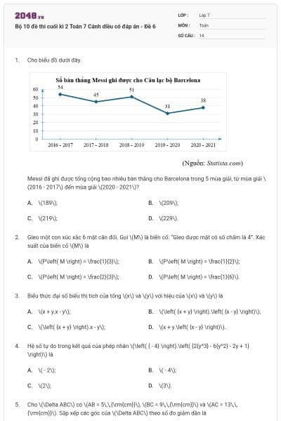 Bộ 10 đề thi cuối kì 2 Toán 7 Cánh diều có đáp án - Đề 6