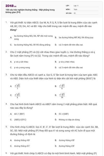 100 câu trắc nghiệm Đường thẳng - Mặt phẳng trong không gian (P4)