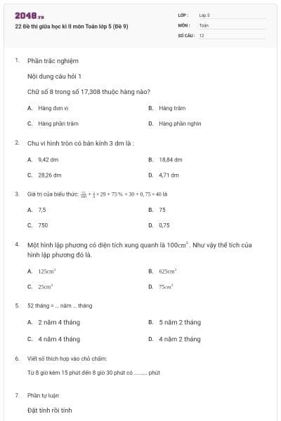 22 Đề thi giữa học kì II môn Toán lớp 5 (Đề 9)