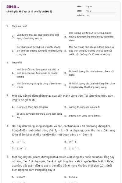 Đề thi giữa kì 2 Vật Lí 11 có đáp án (Đề 2)